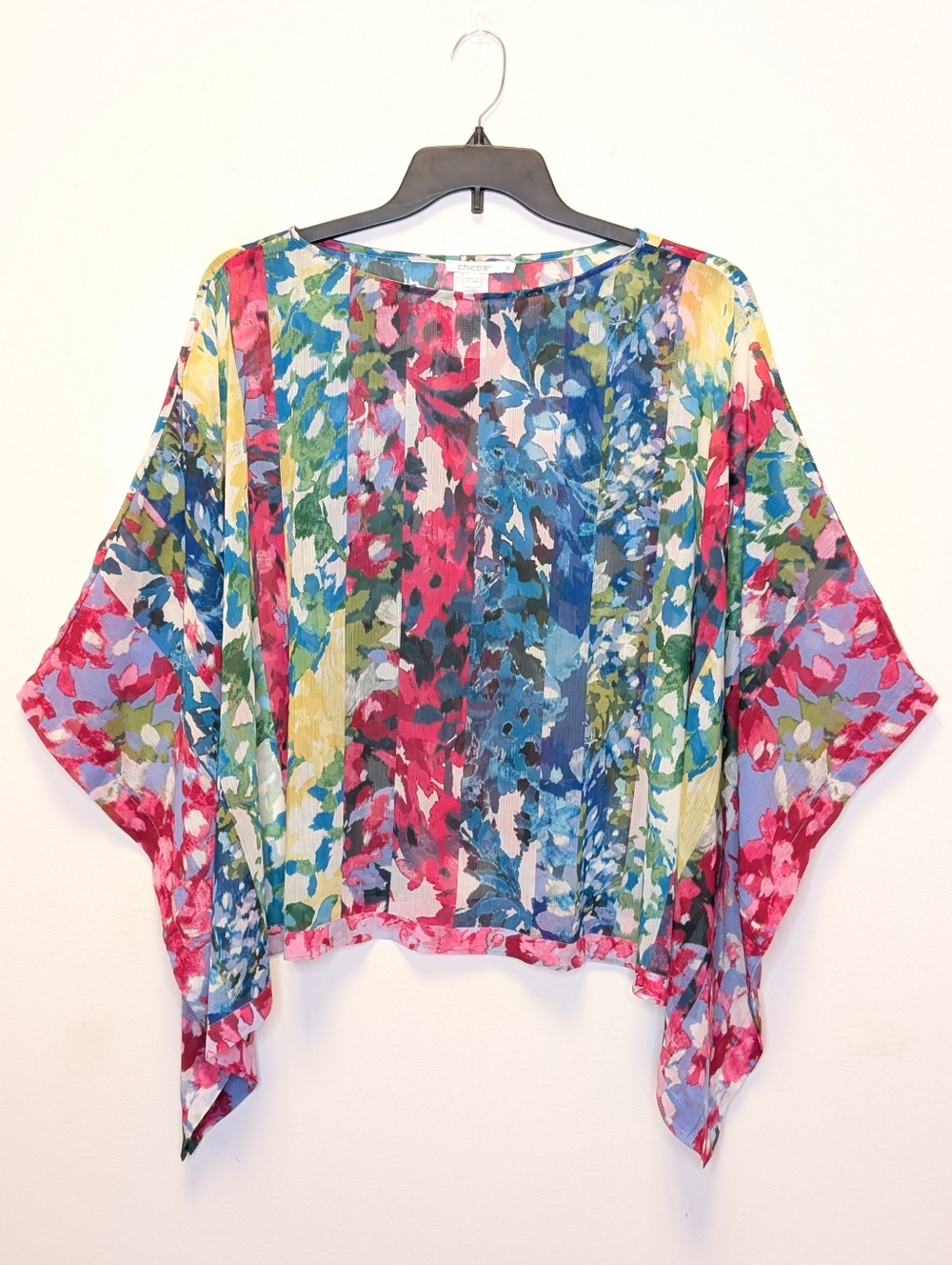 Chico’s Floral Abstract Sheer Top L/XL Flowy Boho Resort Chic Colorful
